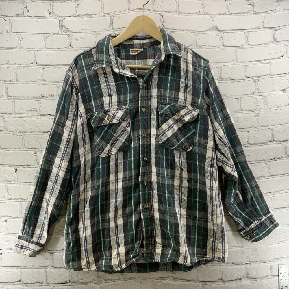 Field And Stream Plaid Shirt‎ Shacket Mens Sz L Plaid Flannel Button Up FLAW